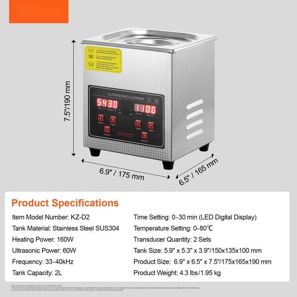 Ultrasonic Cleaner med digital timer og varme, professionel rengøringsmaskine til smykker, briller og små dele (2L) i rustfrit stål.