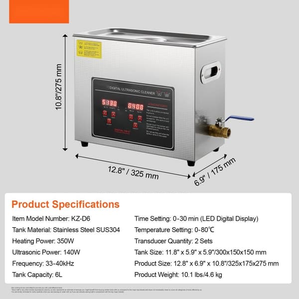 Ultrasonic Cleaner med digital timer og varme, professionel rensesystem til smykker, briller og små dele (6L) i rustfrit stål.