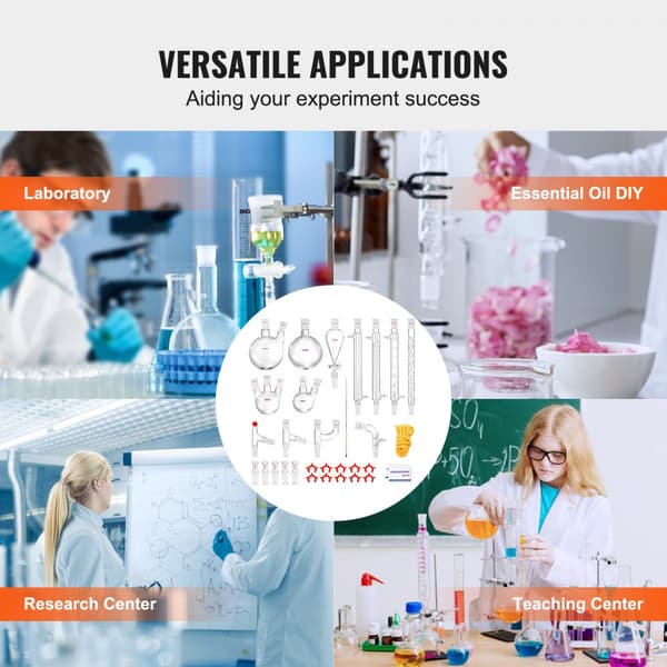Lab-tislaussarja, 3,3 Boro lasitavaroita, 24/40 liitoksia, 1000 ml eteeristen öljyjen tislaussetti, 32 kpl.
