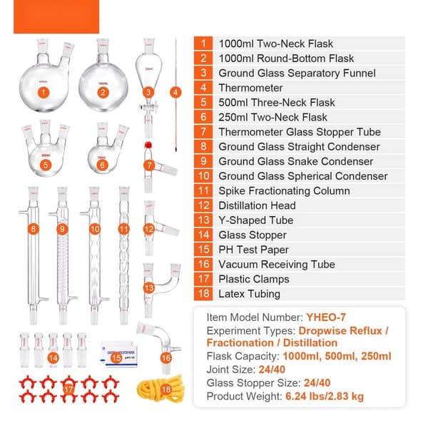 Lab-tislaussarja, 3,3 Boro lasitavaroita, 24/40 liitoksia, 1000 ml eteeristen öljyjen tislaussetti, 32 kpl.