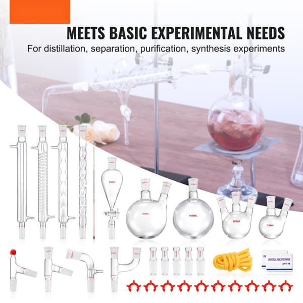 Lab-tislaussarja, 3,3 Boro lasitavaroita, 24/40 liitoksia, 1000 ml eteeristen öljyjen tislaussetti, 32 kpl.