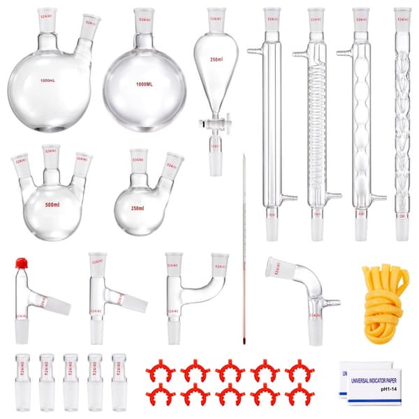 Lab-destillationssats, 3,3 Boro glasutrustning för eterisk oljedestillation, 24/40 led, 1000 ml, 32 delar.