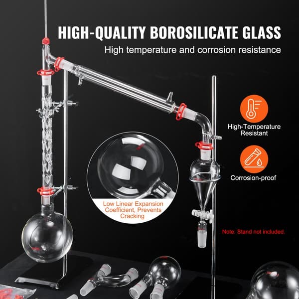 Lab-destillationssats, 3,3 Boro, 24/40 led, 1000 ml för eterisk olja, 29 st glasutrustning set.