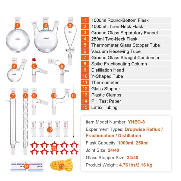 Lab-destillationssats, 3,3 Boro, 24/40 led, 1000 ml för eterisk olja, 29 st glasutrustning set.
