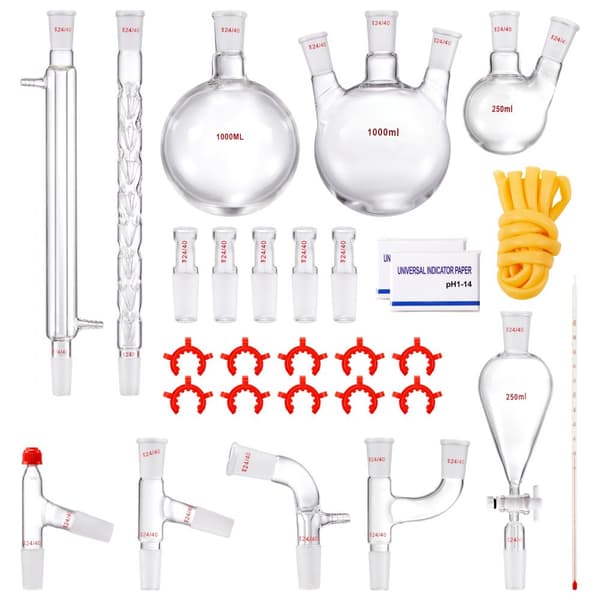Lab-destillationssats, 3,3 Boro, 24/40 led, 1000 ml för eterisk olja, 29 st glasutrustning set.