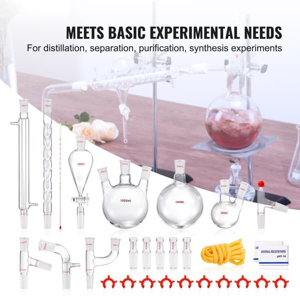 Lab-destillationssats, 3,3 Boro, 24/40 led, 1000 ml för eterisk olja, 29 st glasutrustning set.