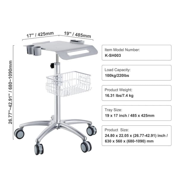 Medicinsk vogn, højdejusterbar salonvogn (26,77"-42,91"), mobile metalstationer til frisører og klinikker, rullende laboratorievogn.