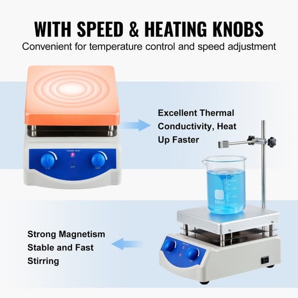 Magnetisk omrører med varmeplade, maks. 380 °C (716 °F), omdrejninger 0-2000 RPM. Ideel til præcise opvarmningsopgaver.