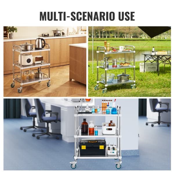 Lab Rolling Cart, 3-hylls rostfritt stål, svängbara hjul, Dental Utility Cart för klinik, labb, sjukhus, salong.