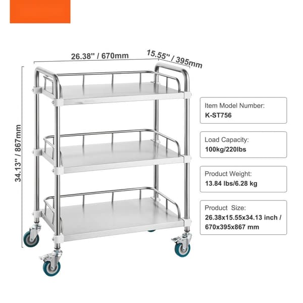 Lab Rolling Cart, 3-hylls rostfritt stål, svängbara hjul, Dental Utility Cart för klinik, labb, sjukhus, salong.