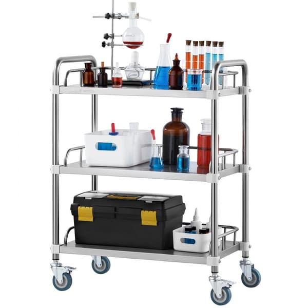 Lab Rolling Cart, 3-hylls rostfritt stål, svängbara hjul, Dental Utility Cart för klinik, labb, sjukhus, salong.