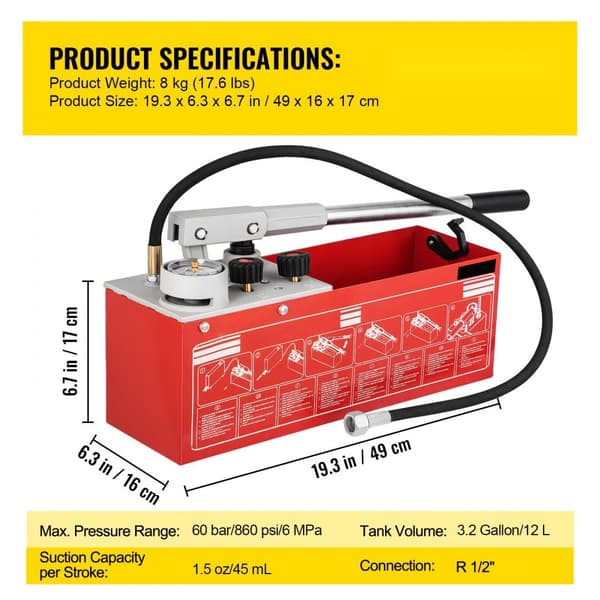 Hydrostaattinen painetestipumppu 60 bar / 860 psi, 3,2 gallonan säiliö, manuaalinen vesisarjan testi R 1/2" liitännällä.