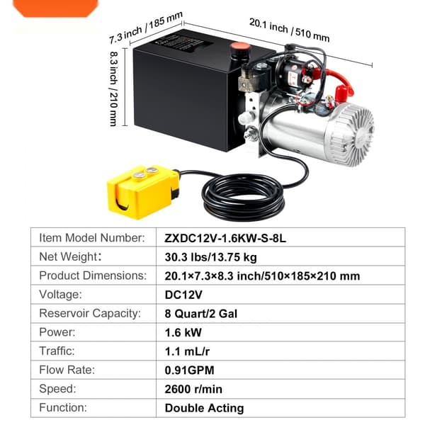 Hydraulipumppu 8 Quart, kaksitoiminen DC 12V kippiperävaunuille, tehokas ja kestävä ratkaisu.