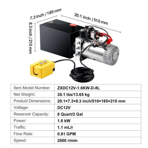 Hydraulikpumpe 8 Quart, Enkelvirkende Dump Trailer Pumpenhed, DC 12V – Effektiv strømtilførsel til trailere.