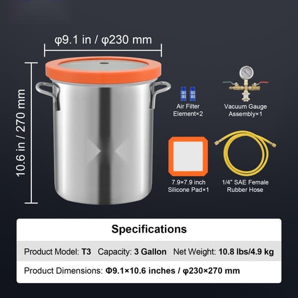 Vakuumkammer med hærdet glaslåg – 3 Gallon silikone afgasningskammer. Ideelt til vakuumopbevaring!