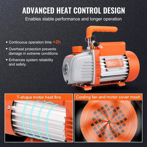 1/5 HK vakuumpumpe, 3,5 CFM, 220-240V AC til klimaanlæg. 1/4" SAE & 1/2" ACME indløb, ideel til HVAC reparation og vedligeholdelse.
