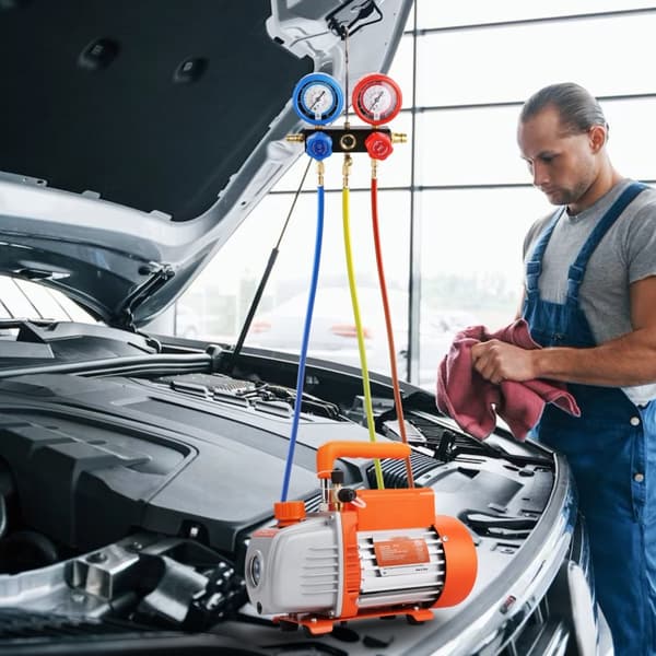 1/4 HP 4 CFM AC tyhjiöpumppu, mittarisarja, LVI-ilmatyhjiöpumppu R134a, R410a, kolmivärinen kantolaukku.