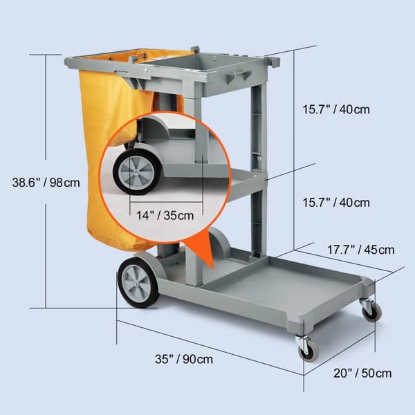 Rengøringsvogn i kommercielt design med 3 hylder, 200 lbs kapacitet, 25 gallon PVC-pose, mål: 47"x20"x38,6". Farver: Gul+grå.