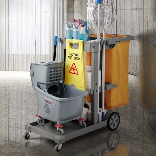 Rengøringsvogn i kommercielt design med 3 hylder, 200 lbs kapacitet, 25 gallon PVC-pose, mål: 47"x20"x38,6". Farver: Gul+grå.