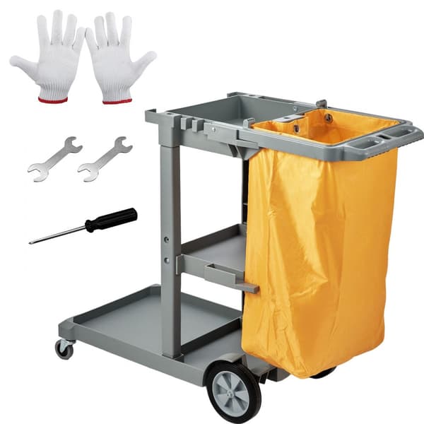 Rengøringsvogn i kommercielt design med 3 hylder, 200 lbs kapacitet, 25 gallon PVC-pose, mål: 47"x20"x38,6". Farver: Gul+grå.