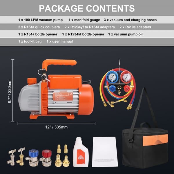 1/5 HP 3,5 CFM AC tyhjiöpumppu & mittarisarja, yksivaiheinen, LVI-ilmatyhjiöpumppu R134a/R1234yf kylmäaineelle.