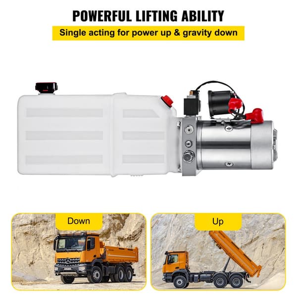 Hydraulikpumpe Power Unit DC 12V 6L, dobbeltvirkende, 6 Quart til dumper. Effektiv hydraulikløsning med høj ydeevne.