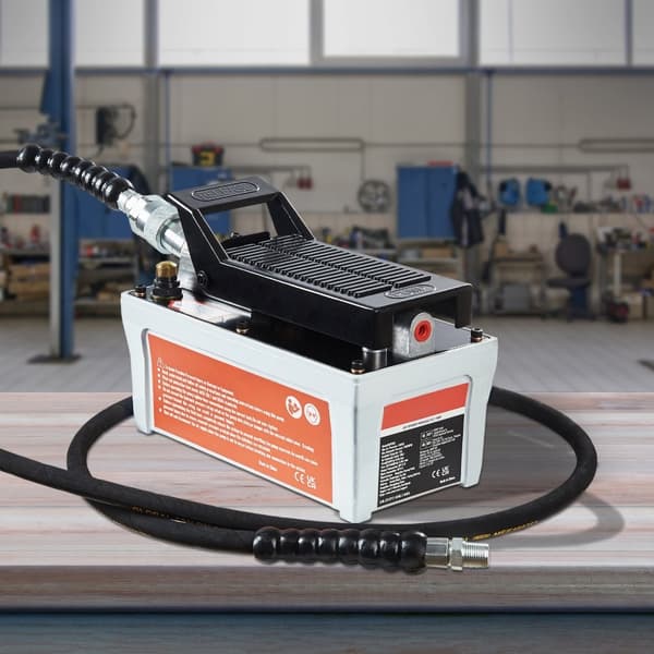 Lufthydraulisk pumpe, 10.000 PSI, 1/2 Gallon reservoir, 3/8" olieudtag, 1/4" indløb, fodbetjent til autoværksted, grå.