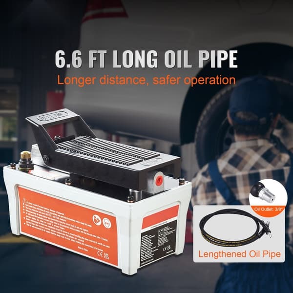 Lufthydraulisk pumpe, 10.000 PSI, 1/2 Gallon reservoir, 3/8" olieudtag, 1/4" indløb, fodbetjent til autoværksted, grå.