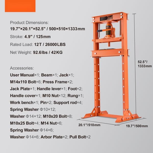 Hydraulisk 12 ton H-ramgolv, stansplåtar, justerbart bord för böjning/rätning av metall, garage eller hempress, orange.