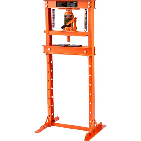 Hydraulisk 12 tons H-ramme gulvpresse med justerbart arbejdsbord til bøjning eller retning af metal, ideel til værksteder og garager. Orange.