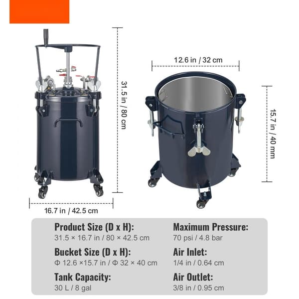 Sprayfärg Tryckbehållare, 30L/8gal med manuell blandare, läckagetätning för industri, heminredning, bilmålning, 70PSI Max