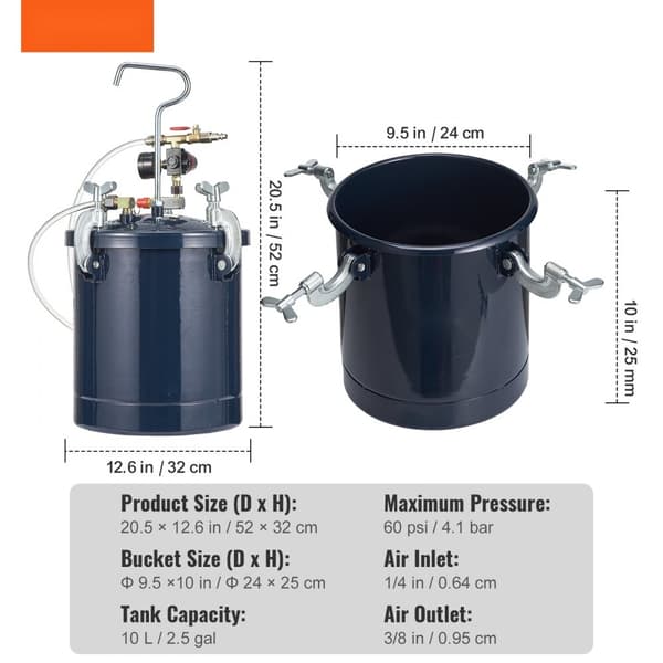 Sprutmålartryckbehållare 10L, lufttryckskärl 1,5mm+4mm, två sprutpistoler för industri, heminredning, bilmålning, max 60PSI.