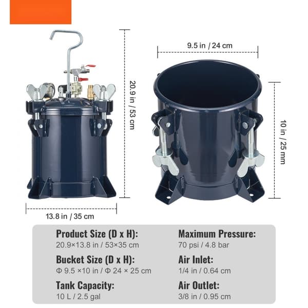 Sprayfärgstryckstank 10L/2,5gal, Metallstativ, läckageskydd för industri, hem, arkitektur, konstruktion, bilmålning, max 70PSI