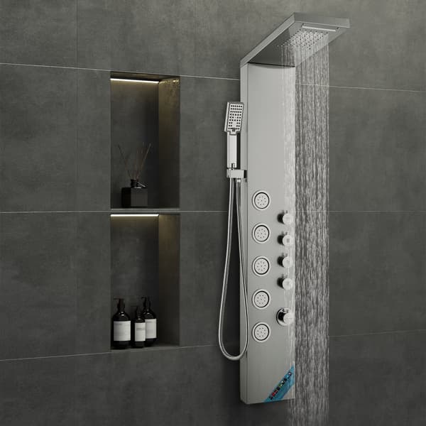 Duschpanelsystem med 4 lägen, regn, vattenfall, 5 massagestrålar och handdusch med 59" slang i rostfritt stål.