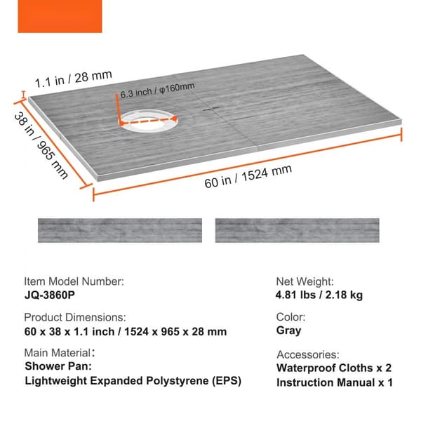 Brusekantsæt 1524x965 mm, letvægts EPS bruseinstallation med 160 mm offset afløb og vandtætte klude. Ideelt til badeværelset.