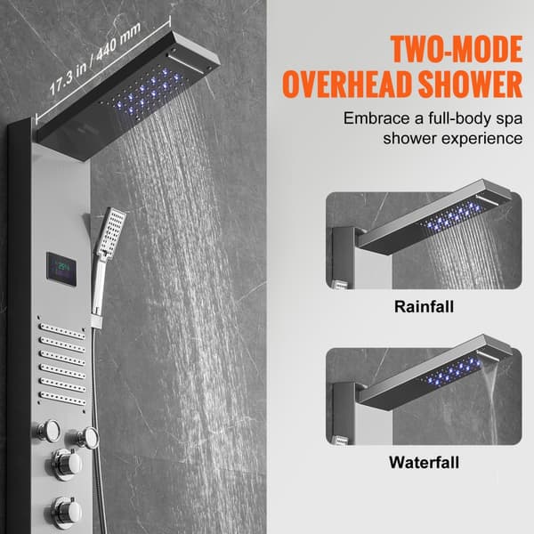 Brusepanel Tower System med 6 tilstande, vandkraft, LED og rustfrit stål. Oplev moderne design og energieffektivitet.
