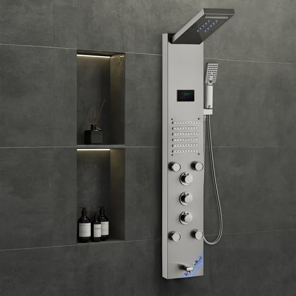 Brusepanel Tower System med 6 tilstande, vandkraft, LED og rustfrit stål. Oplev moderne design og energieffektivitet.