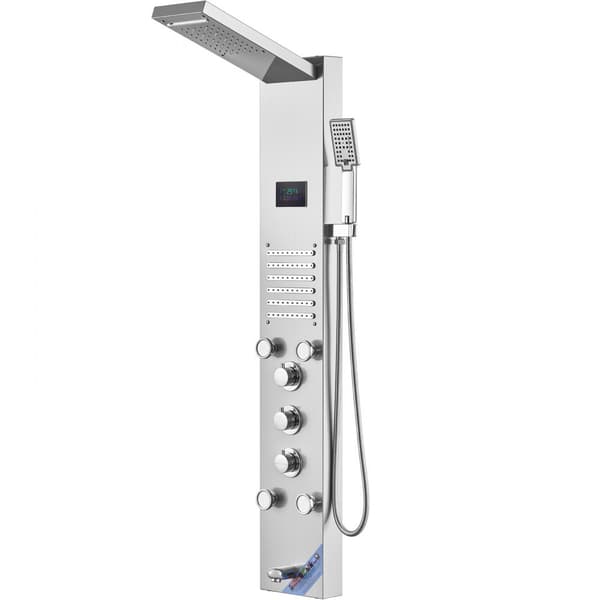 Brusepanel Tower System med 6 tilstande, vandkraft, LED og rustfrit stål. Oplev moderne design og energieffektivitet.