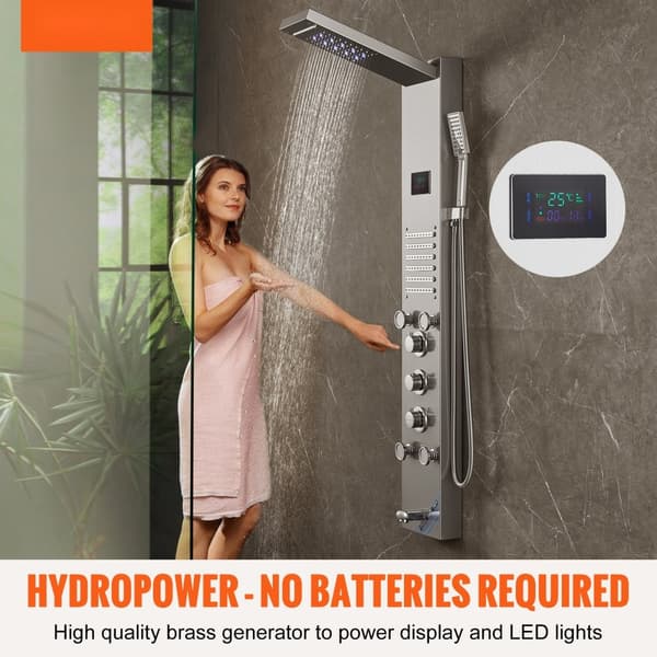 Brusepanel Tower System med 6 tilstande, vandkraft, LED og rustfrit stål. Oplev moderne design og energieffektivitet.