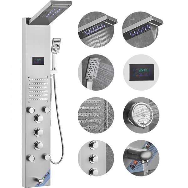 Brusepanel Tower System med 6 tilstande, vandkraft, LED og rustfrit stål. Oplev moderne design og energieffektivitet.