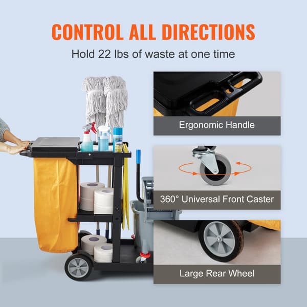 Städvagn, kommersiell vaktmästarvagn, 3 hyllor, 200 lbs kapacitet, plast, 25 gallon PVC-påse med lock, 47"x20"x38.6", gul+svart