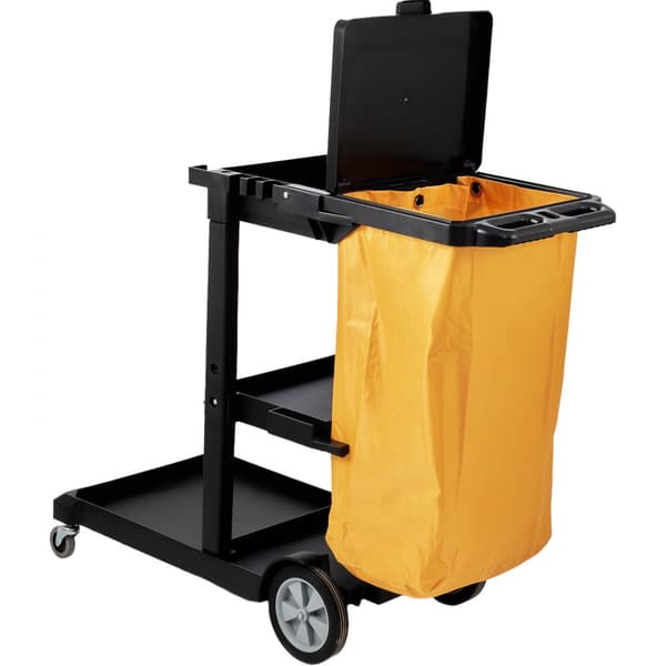 Städvagn, kommersiell vaktmästarvagn, 3 hyllor, 200 lbs kapacitet, plast, 25 gallon PVC-påse med lock, 47"x20"x38.6", gul+svart