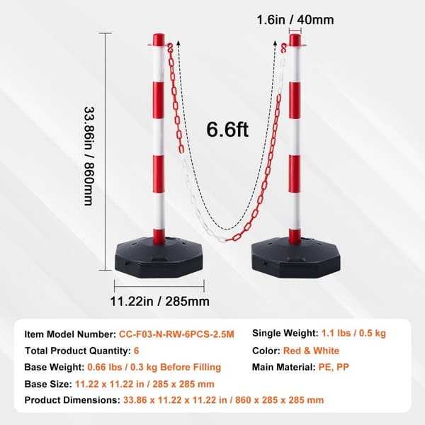 Justerbare trafikmarkeringskegler, 6-pak, sikkerhedsbarrierer med udfyldbar base og 6,6FT kæde til trafikkontrol. Rød/hvid.
