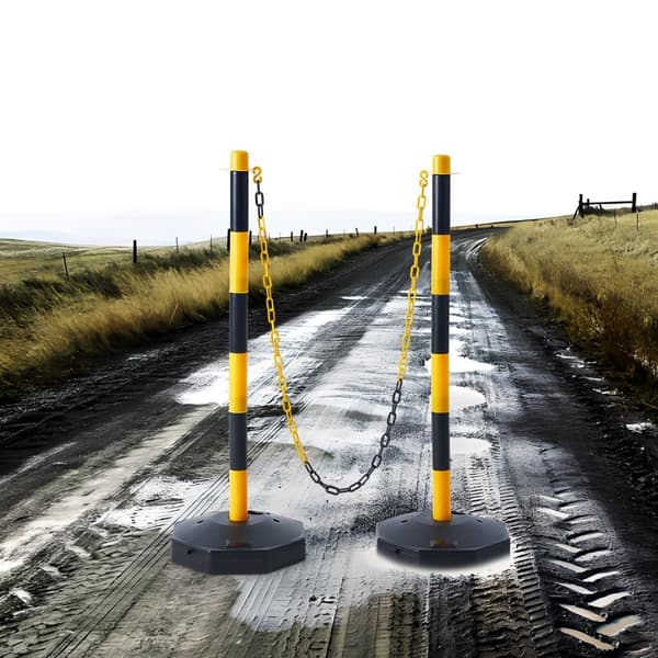 Justerbare trafikmarkører, 2-pak, sikkerhedsbarrikade med udfyldbar base og 8FT kæde til trafikstyring og advarsel. Gul & sort.