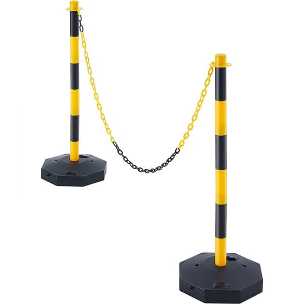Justerbare trafikmarkører, 2-pak, sikkerhedsbarrikade med udfyldbar base og 8FT kæde til trafikstyring og advarsel. Gul & sort.