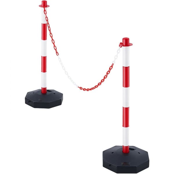 Säädettävät liikenneturvallisuuspylväät, täytettävä pohja, 8 ft ketju, varoitus pysäköintialueesta ja teistä.