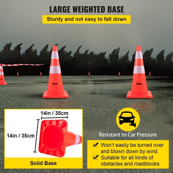 Sikkerhedskegler, 28 tommer/73 cm, 12 stk PVC orange med 2 reflekterende kraver og vægtet base til trafikstyring og parkeringslægning.