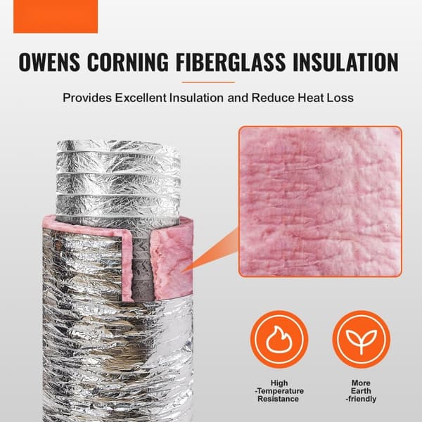 Tørreventilationsslange, 127 mm isoleret fleksibel, 7,62 m lang med 2 kanalklemmer. Kraftig 3-lags beskyttelse til HVAC og flammemodstand R-6.0.