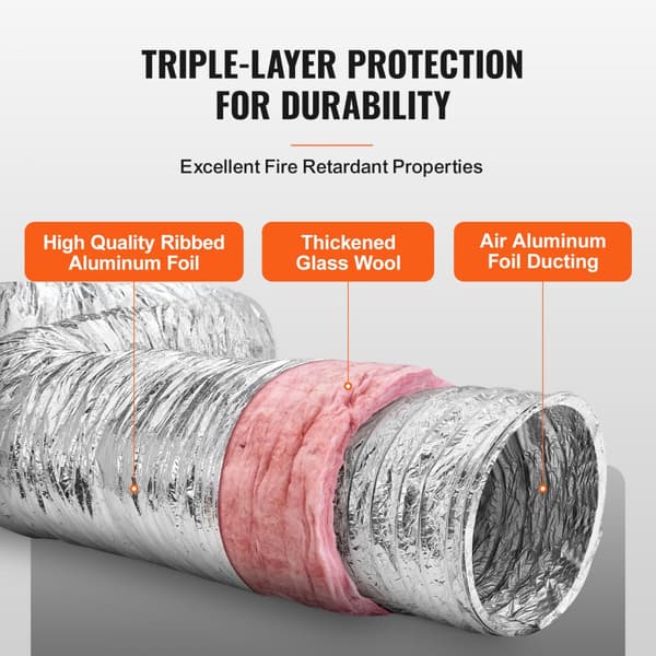 Tørreventilationsslange 254 mm isoleret, 7,62 m lang med 2 klemmer. Holdbar 3-lags beskyttelse til HVAC og ventilation, R-6.0 flammemodstand.