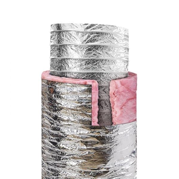 Isoleret fleksibel tørreventilationsslange, 101,6 mm x 7,62 m, inkl. 2 kanalklemmer, trelagsbeskyttelse til HVAC og flammemodstand R-6.0.
